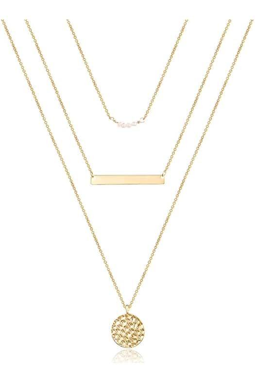 Dainty Layered Choker Necklace, Handmade 14K Gold Plated Y Pendant Necklace Multilayer Bar Disc Neck | Amazon (US)