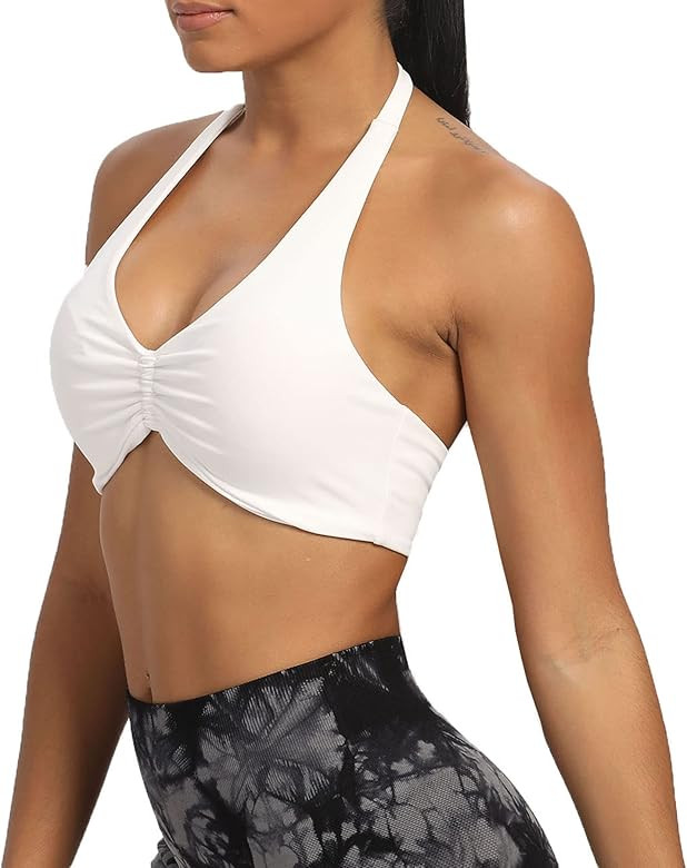 Aoxjox Women's Workout Sports Bras Fitness Backless Padded Taylor Scrunch Halter Bra Yoga Crop Ta... | Amazon (US)