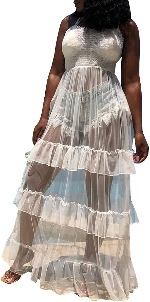 Ophestin Women Sleeveless Strap Tunic Bodysuits with Mesh Sheer Flowy Ruffle Long Maxi Dress | Amazon (US)