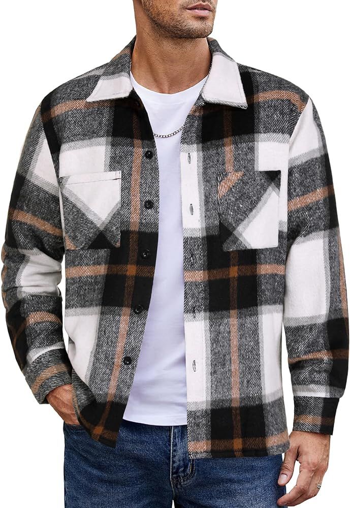 COOFANDY Men's Flannel Shirts Casual Button Down Plaid Shirt Jacket Long Sleeve Fleece Shacket with  | Amazon (US)