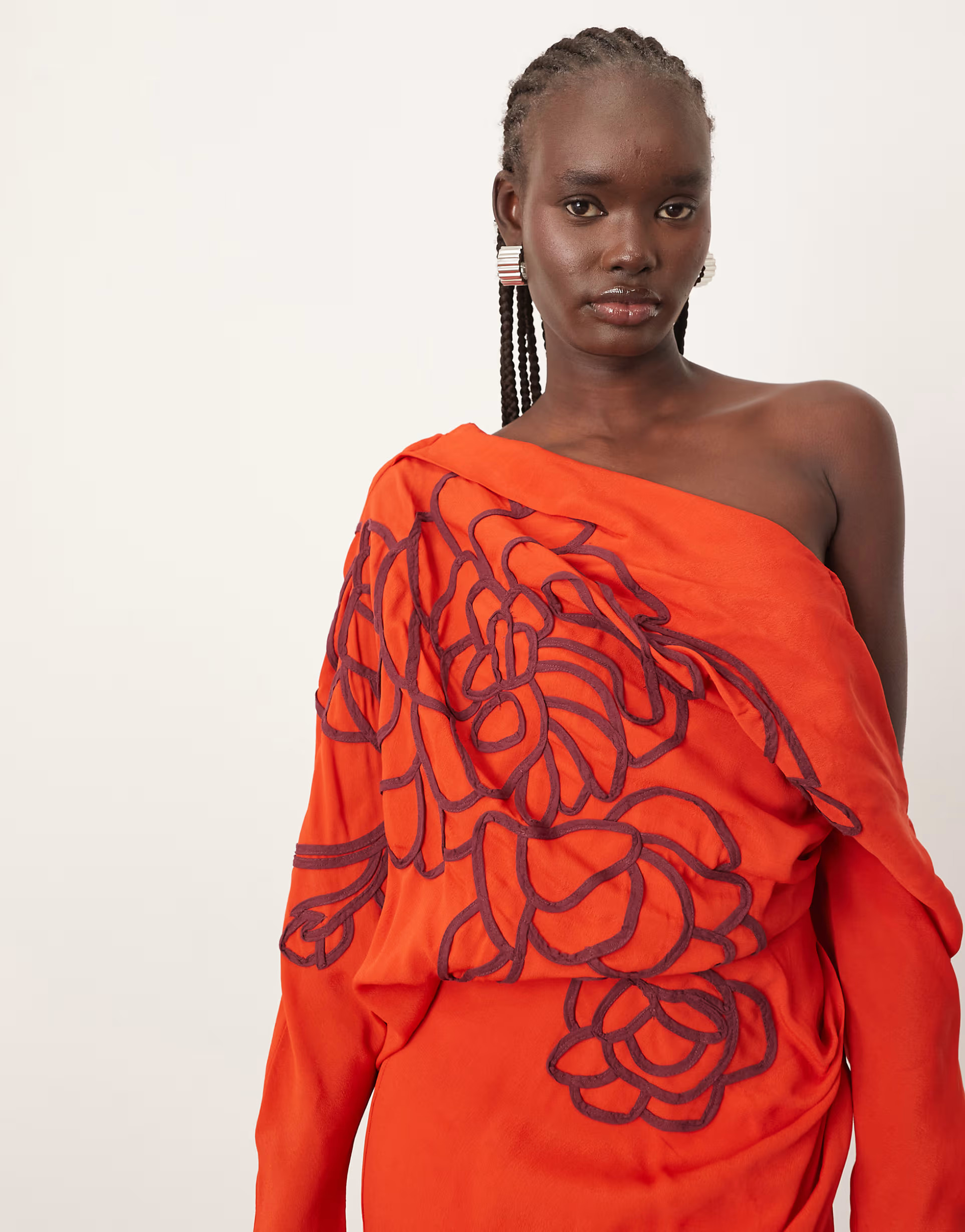 ARRANGE linear embroidered floral slouchy shoulder drape midi dress in red | ASOS | ASOS (Global)