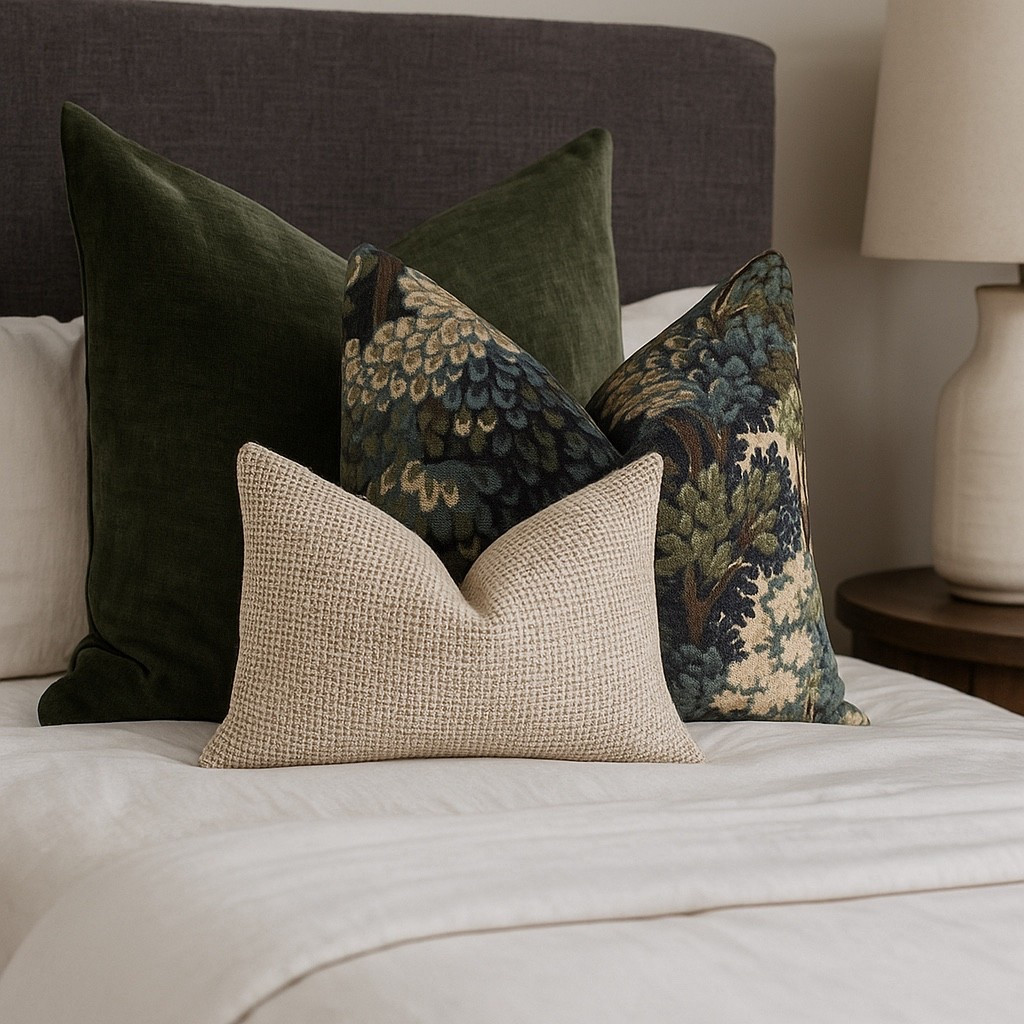 Elevate your bedroom with this timeless pillow trio 🌿✨ Deep olive green, vintage tapestry, and soft textured neutral, layered to create the perfect blend of cozy and classic. A subtle statement for old-world charm lovers 💫 

#PillowGoals #CozyVibes #BedroomInspo #OldWorldStyle #InteriorDetails

#LTKHome #LTKSummerEdit #LTKStyleTip