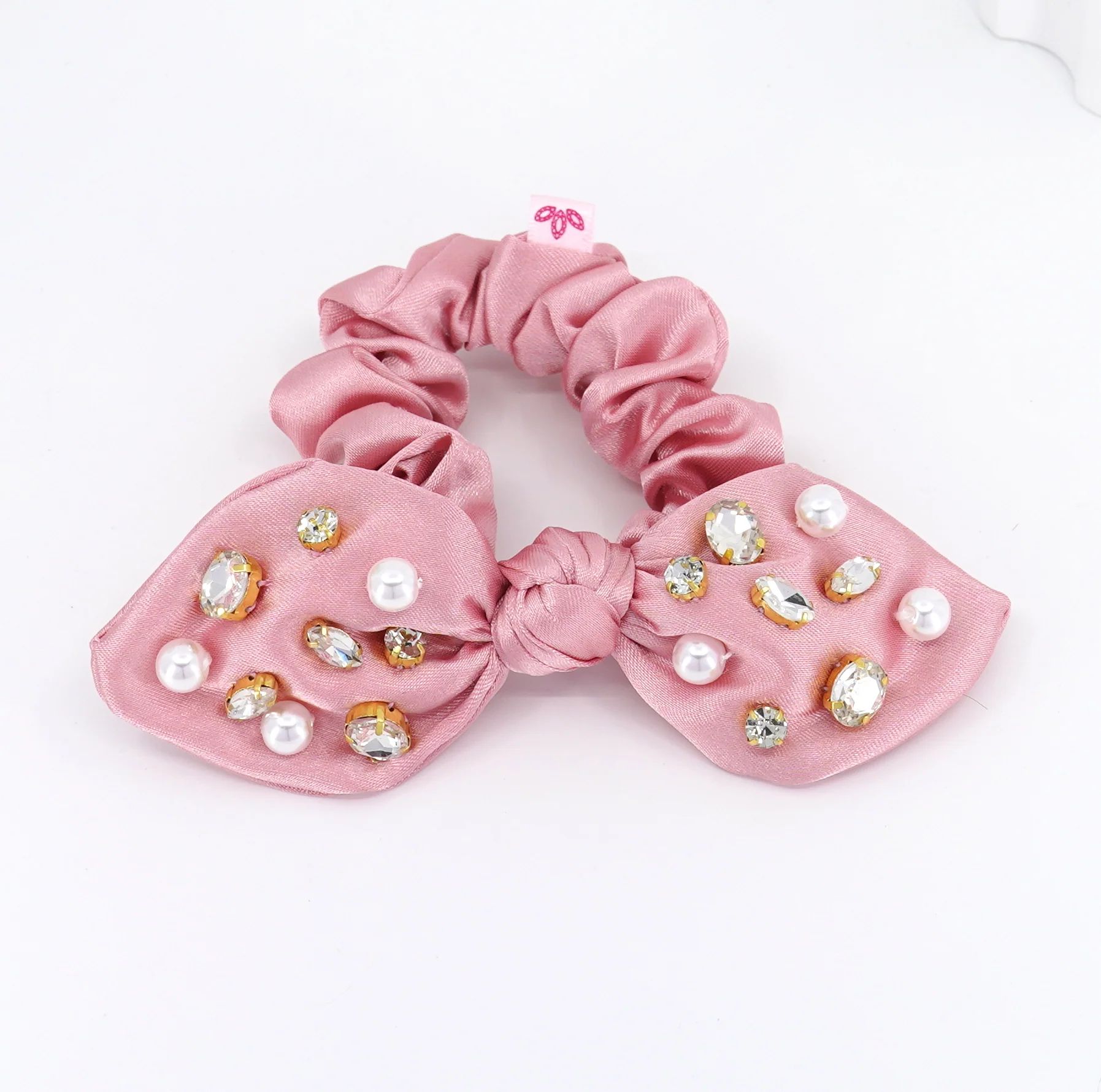 Blush Pink Satin Jeweled Bow Scrunchie | La Bella Shop