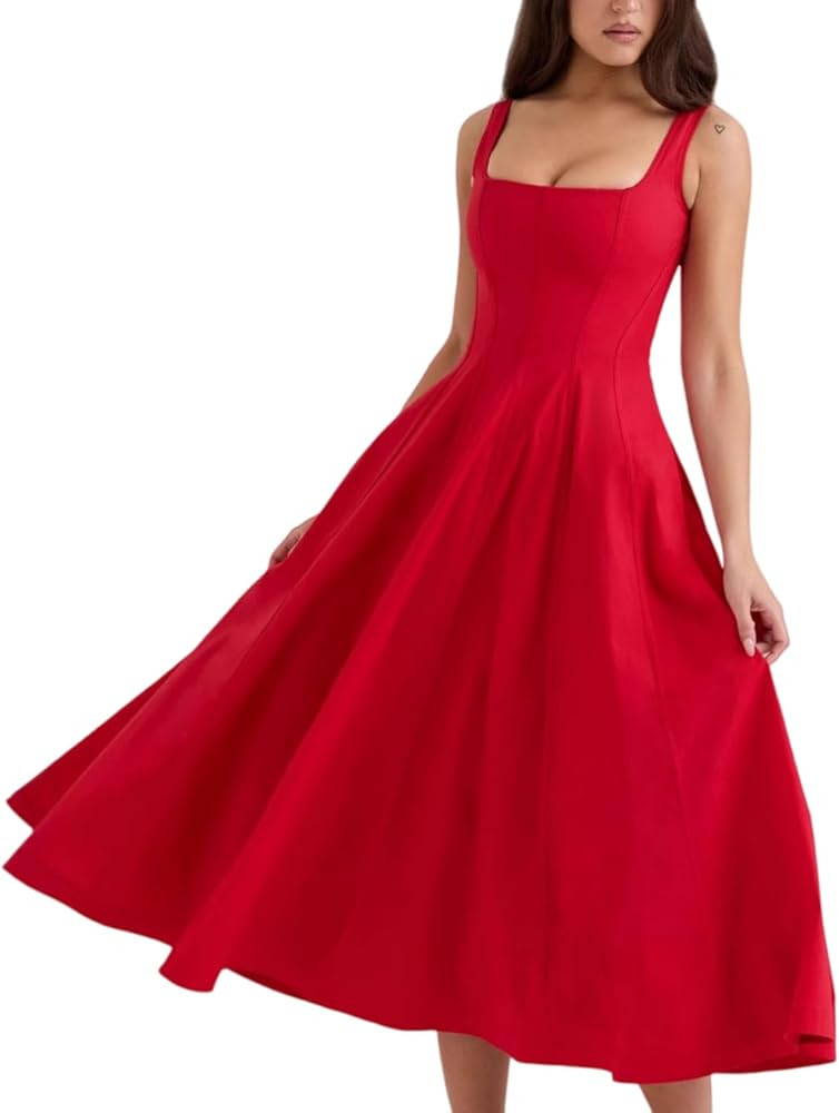 Floral Dress for Women Flowy Square Neck Lace Up Bandage Back A Line Midi Corset Dresses Smocked ... | Amazon (US)
