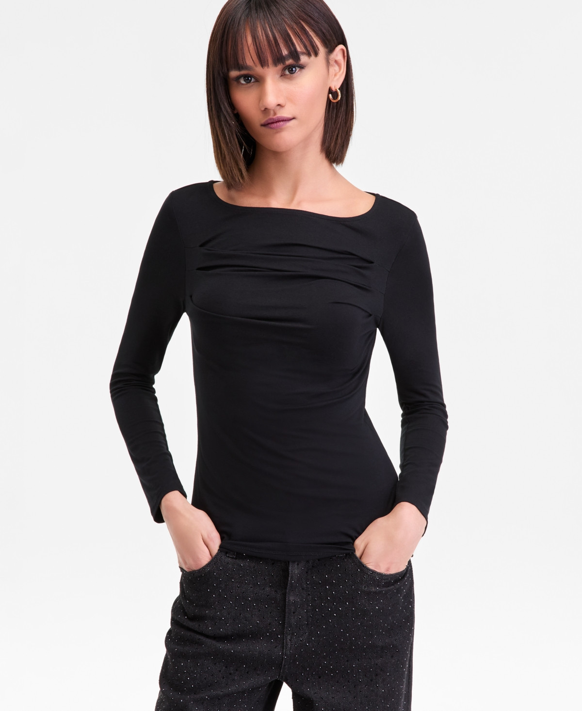 I.n.c. International Concepts Women's Long-Sleeve Boat-Neck Knit Top, Macy's Exclusive - Deep Black | Macy's