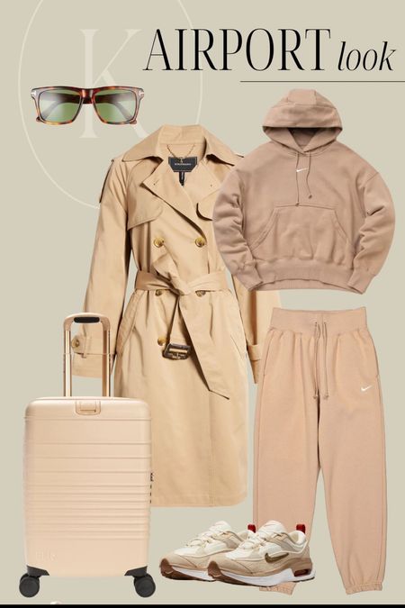 Airport outfit - Nike sweatpants and hoodie, trench coat and sneakers! All the neutrals cozy chic! Travel outfit 

#LTKstyletip #LTKshoecrush #LTKtravel