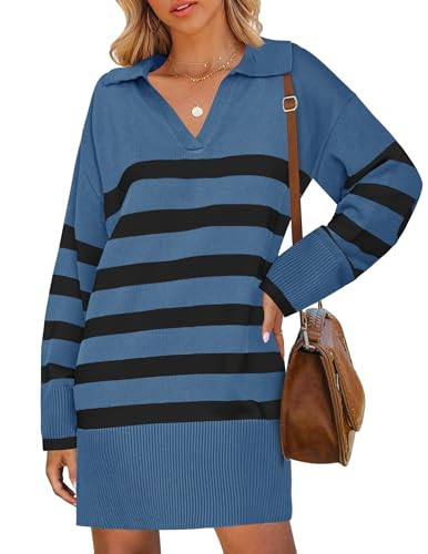 ZESICA Women's Striped Sweater Dress Spring Long Sleeve V Neck Collar Loose Knit Mini Dresses,Dusty Blue,X-Large | Amazon (US)