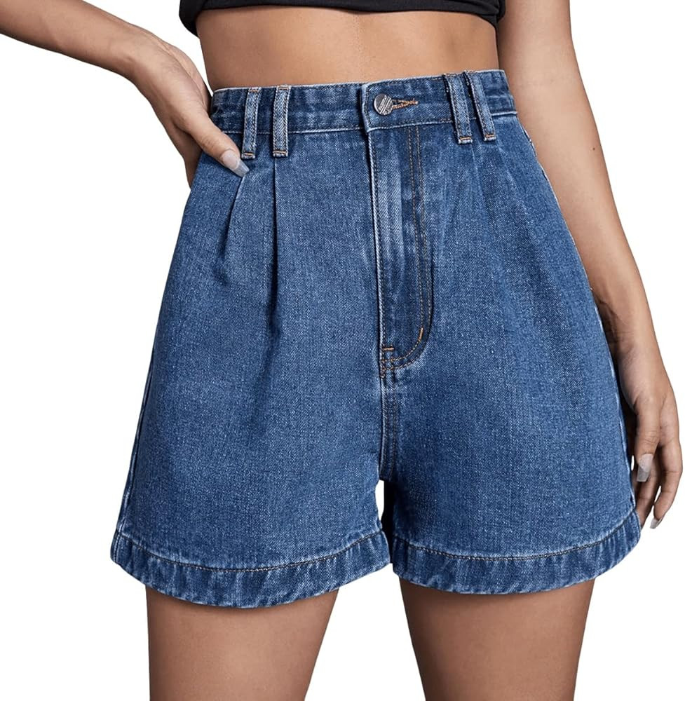 SweatyRocks Women's High Waist Straight Leg Shorts Jean Casual Loose Fit Denim Shorts | Amazon (US)