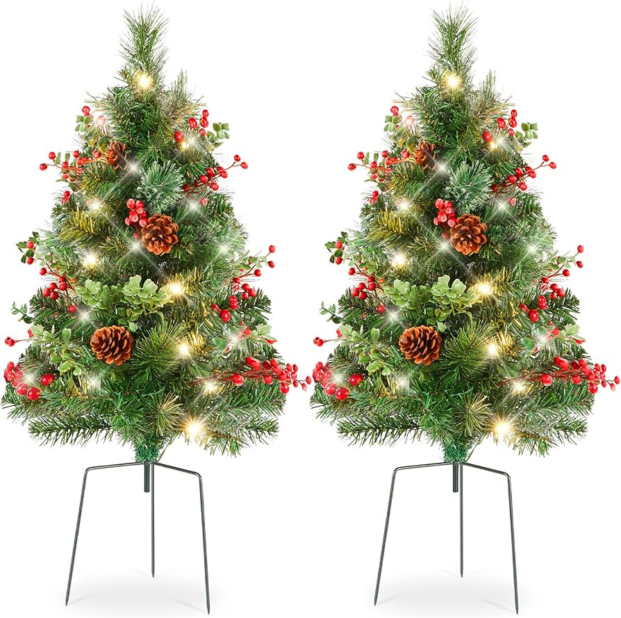 Best Choice Products Set of 2 24.5in Outdoor Pathway Christmas Trees, Battery Operated Pre-Lit Ho... | Amazon (US)
