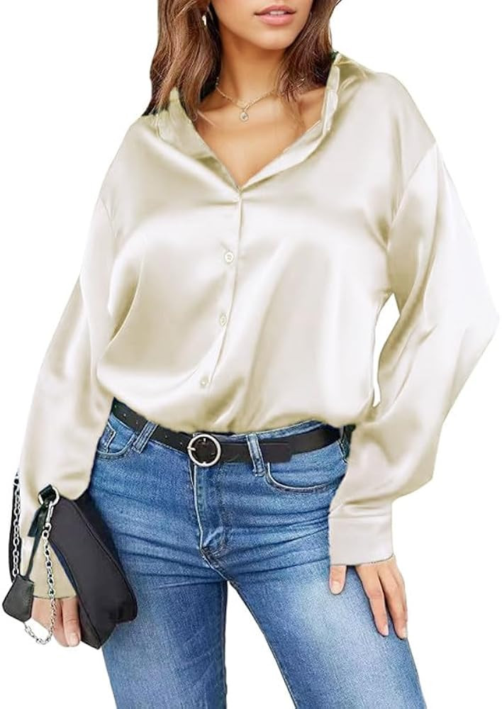 Damipow Satin Silk Button Down Shirts for Women Dress Shirts Long Sleeve Blouses Womens Shirts | Amazon (US)