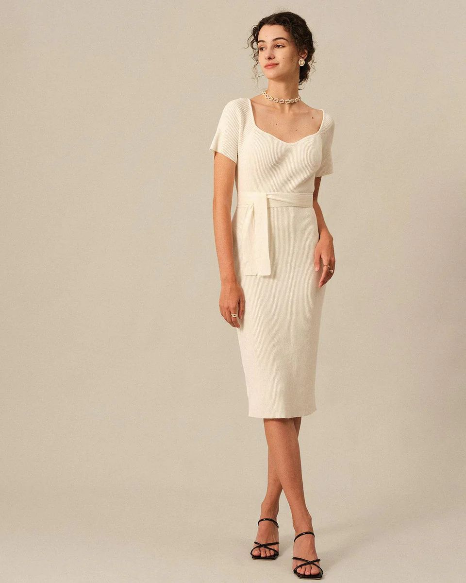 The Ribbed Tie Waist Midi Dress & Reviews - White - Dresses | RIHOAS | rihoas.com