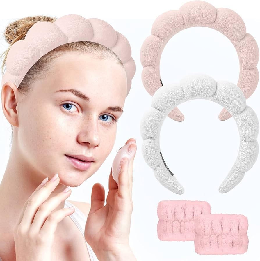 Sponge Spa Headband for Women, Spa Terry Towel Cloth Fabric Head Band with 2PCS Wrist Washband, S... | Amazon (US)