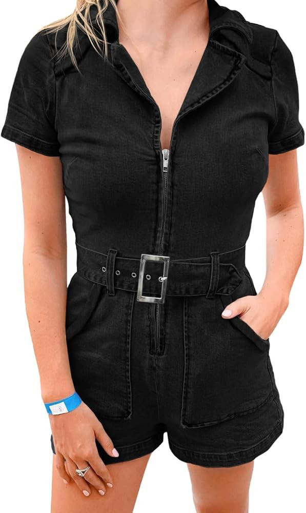 PLNOTME Women's Summer Denim Rompers Zip Up Belted Short Jeans Jumpsuits with Pockets | Amazon (US)