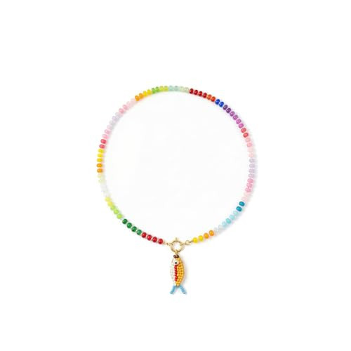 sunglnl Pez Del Sol Necklace For Women, Boho Chunky Colorful Beaded Chain With Glass Rice Beads Fish Charm Pendant Statement Choker Summer Beach Jewelry Gift (Fish Yellow) | Amazon (US)