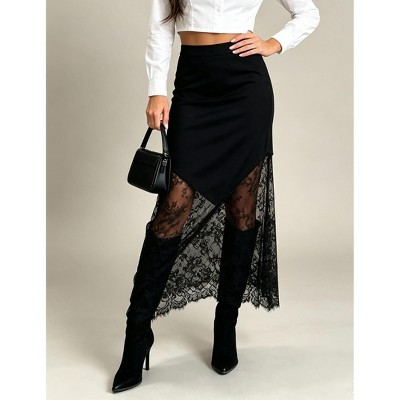 Women High Waist Satin Asymmetrical Midi Skirt Irregular Floral Lace Patchwork Skirt, Black, M | Target