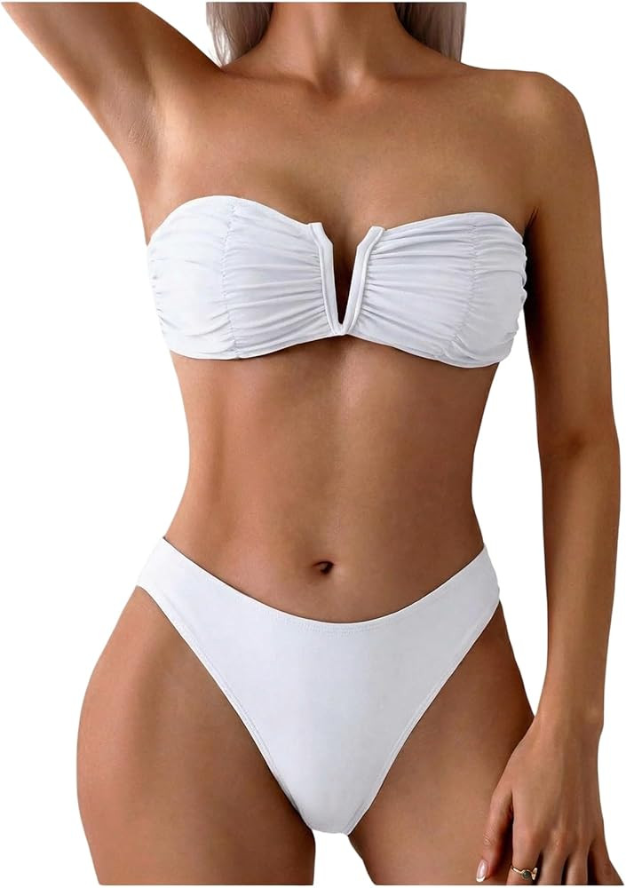 SHENHE Traje de baño de 2 piezas para mujer, sin tirantes, con alambre en V fruncido | Amazon (US)