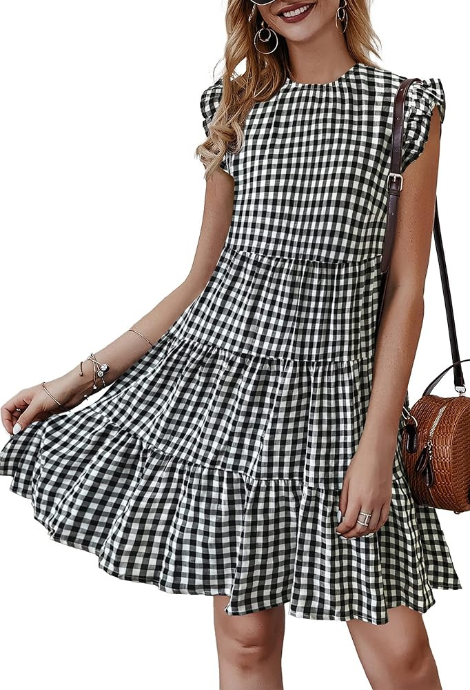 KIRUNDO Women's Dresses 2024 Casual Loose Ruffle Sleeveless Crew Neck Plaid Flowy Swing Mini Dres... | Amazon (US)