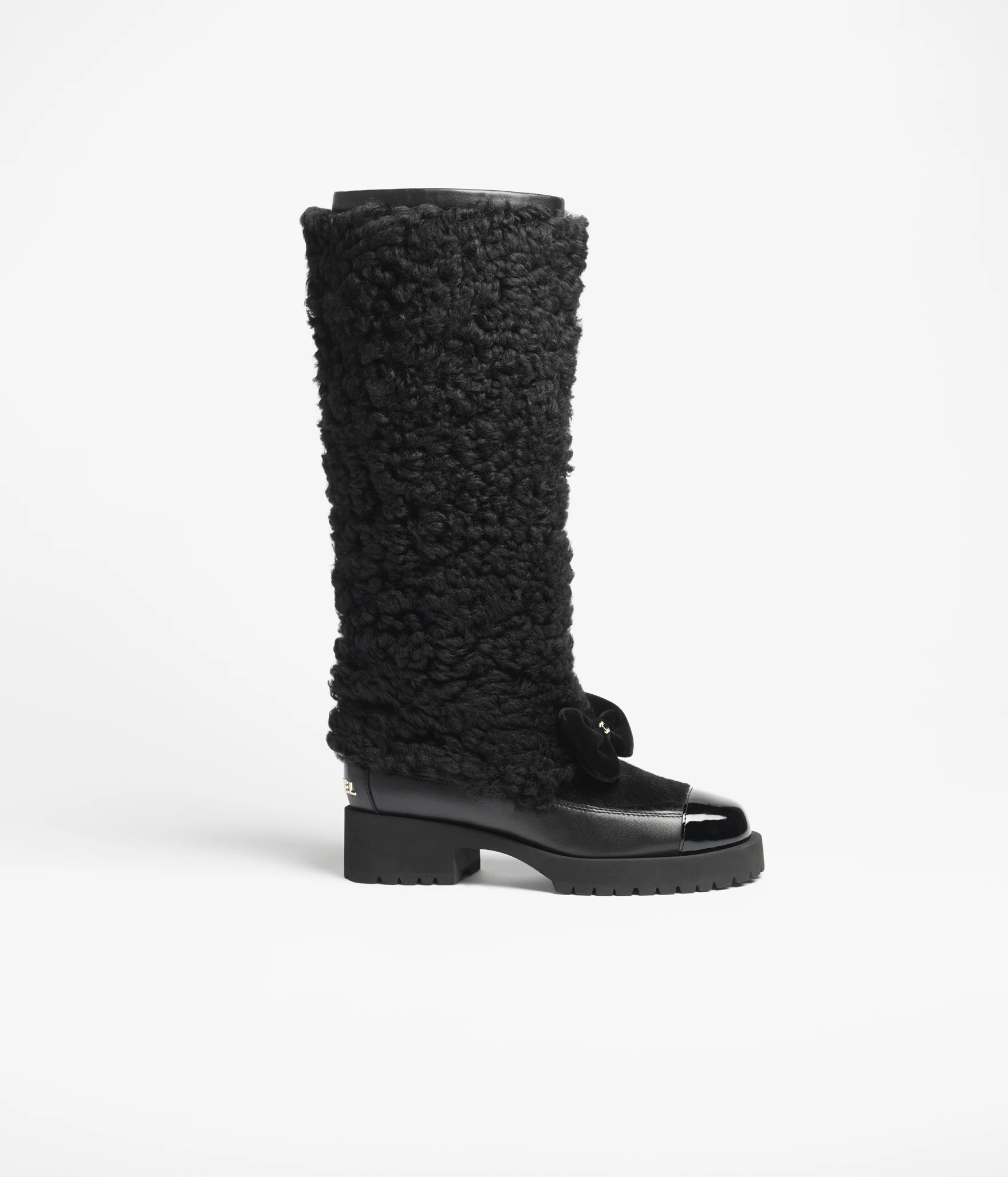 High boots - Shearling lambskin, calfskin, lambskin & patent calfskin, black — Fashion | CHANEL | Chanel, Inc. (US)