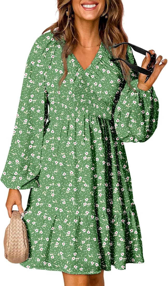Dokotoo Womens Dresses 2025 Boho Floral V Neck Long Sleeve Smocked Elastic Waist Casual A-Line Sw... | Amazon (US)