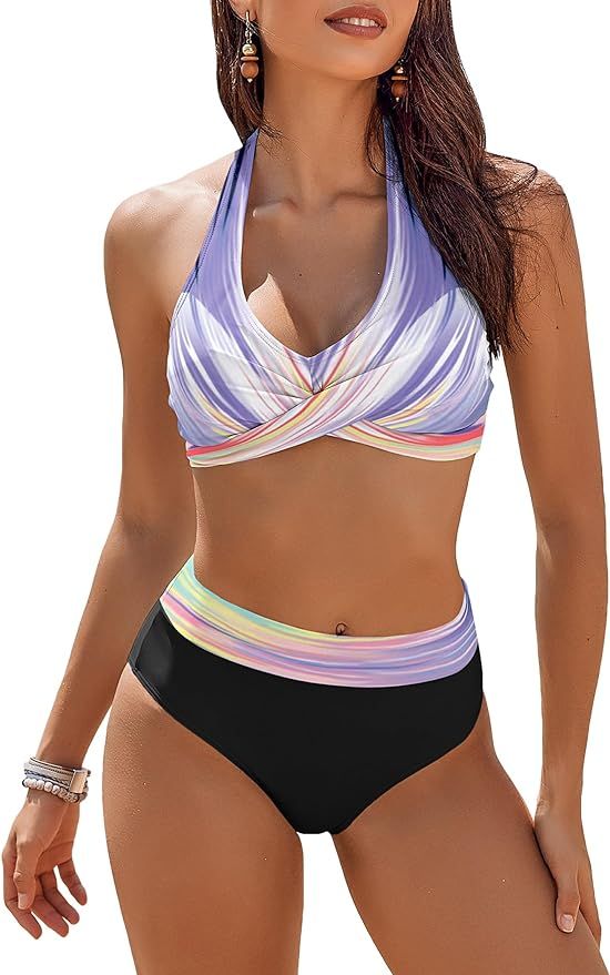 AI'MAGE Womens Swimsuits Two Piece High Waisted Tummy Control Bathing Suits Color Block Criss Cro... | Amazon (US)