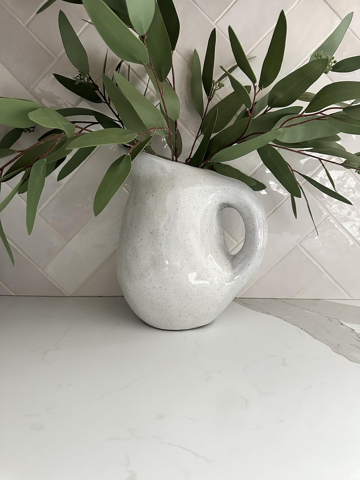 Beautiful stoneware pitcher vase. Organic modern home decor. Real touch faux eucalyptus. | Amazon (US)
