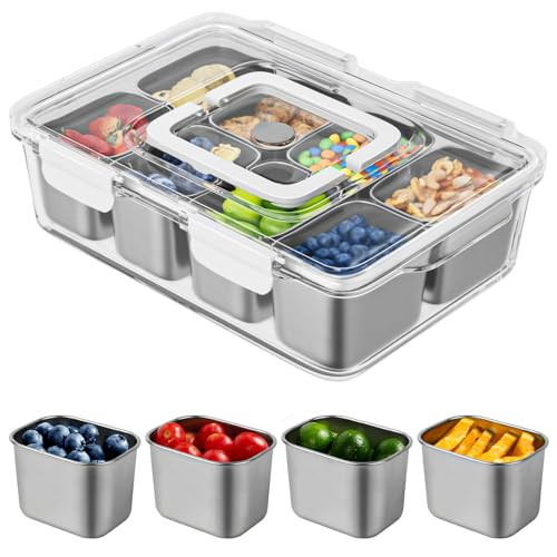 Snackle Box Container, Stainless Steel Divided Serving Tray with Lid and Handle, 8 Compartment Portable Snack Platters - Clear Storage Organizer for Fruit Candy Nuts Veggie - Perfect for Travel Party | Amazon (US)