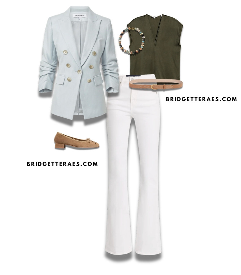 How to wear white jeans to work.  If you’ve been looking for a fresh alternative to the usual navy-and-white pairing, consider this unexpected combination of soft blue and olive green.  The result is polished enough for the office while still feeling effortless and approachable. 

 #LTKWorkwear