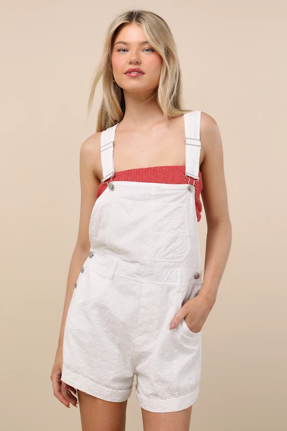 Averley White Eyelet Embroidered Shortalls | Lulus