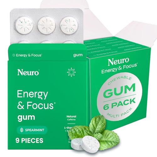 Neuro Energy & Focus Gum - 40mg Natural Caffeine Gum & Nootropic Energy Supplement with L-Theanine & B Vitamins - Sugar Free, Vegan - Spearmint, 54ct | Amazon (US)
