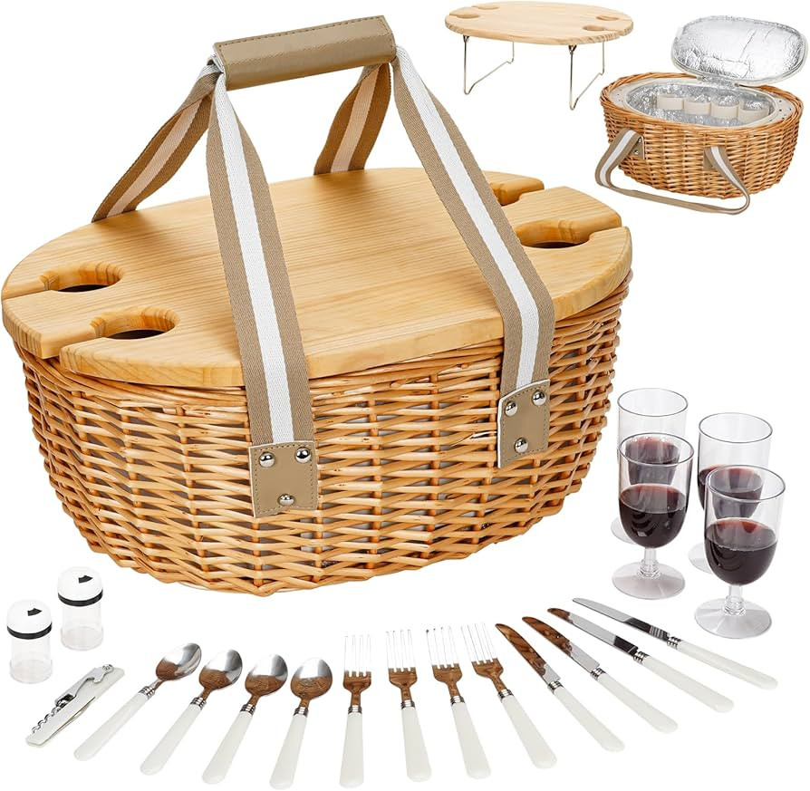 STBoo Picnic Basket for 4 - Wicker Picnic Set with Wine Table | Willow Basket Kit with Insulated ... | Amazon (US)