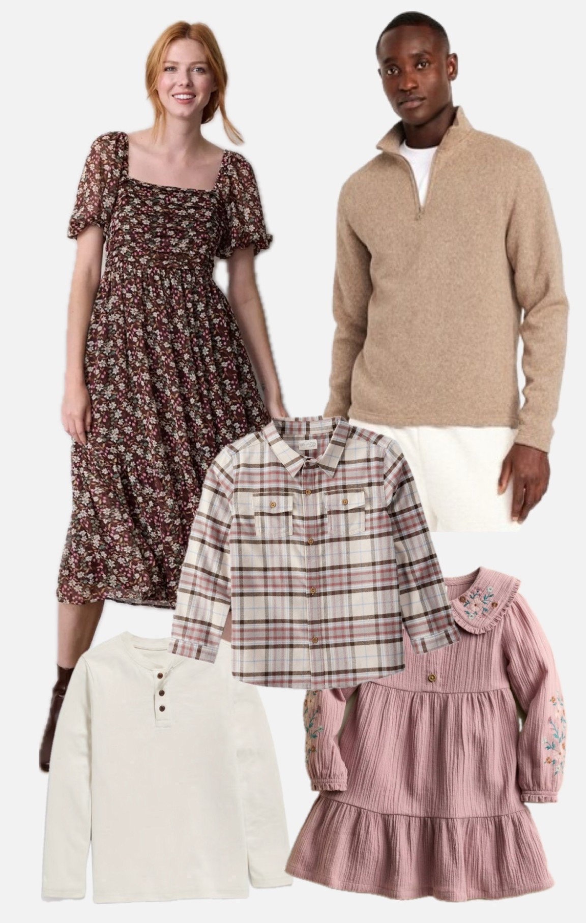 Fall family photo outfits: a mix of sweaters, flannel, Peter Pan collared dresses and floral dresses.

#LTKFallSale #LTKFamily #LTKKids