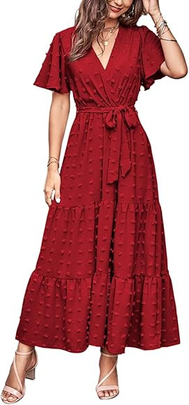 MASCOMODA Women Boho Swiss Dot Maxi Dresses Wrap V Neck Flutter Short Sleeve Solid Tie Waist A Li... | Amazon (US)