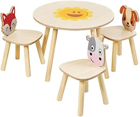 Wooden Kids Table and Chairs Set, 4 Pieces Play Table with Animal Themed Chairs for Toddlers Drawing | Amazon (US)
