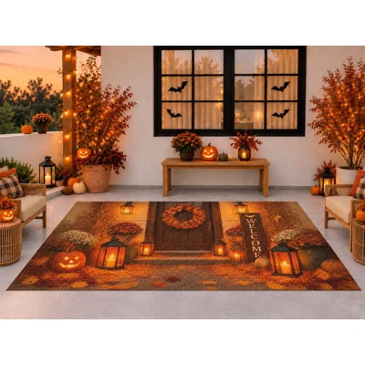 5' x 7' Outdoor Area Rug, Welcome Porch Lanterns Pumpkins Halloween Pattern, Waterproof PVC Coil Loop Carpet, Heavy Duty Quick Dry Mat for Porch Deck | Wayfair North America