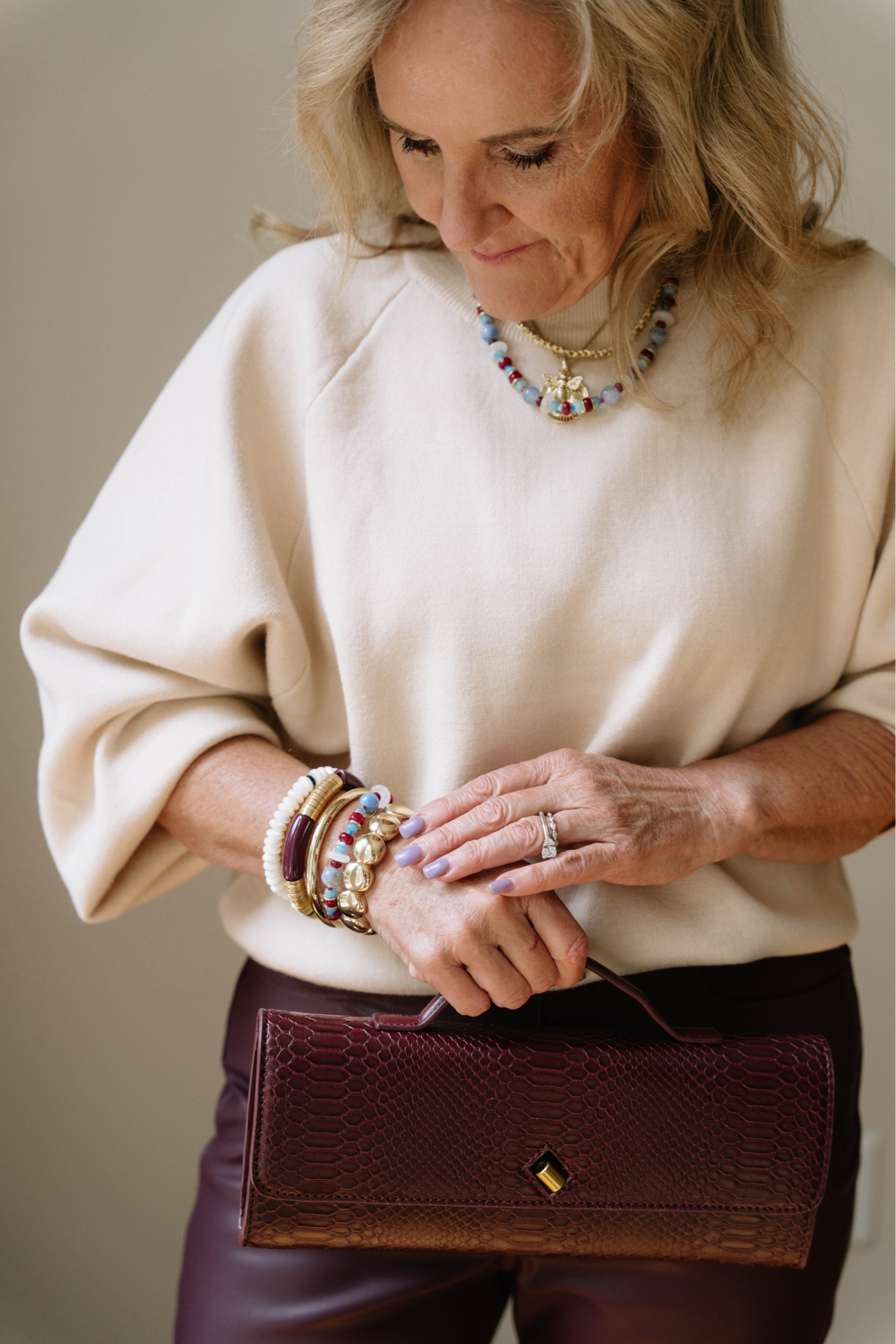 Allie & Bess 20% off code NANETTE20 on my collaboration necklace and bracelet stacks 
Bracelets I do the 65 mm medium 
Necklace I do the short, 16” plus a 3” extender 
Faux  leather pants size 29 reg 
Vici sweater size medium 

#LTKSeasonal #LTKStyleTip #LTKOver40