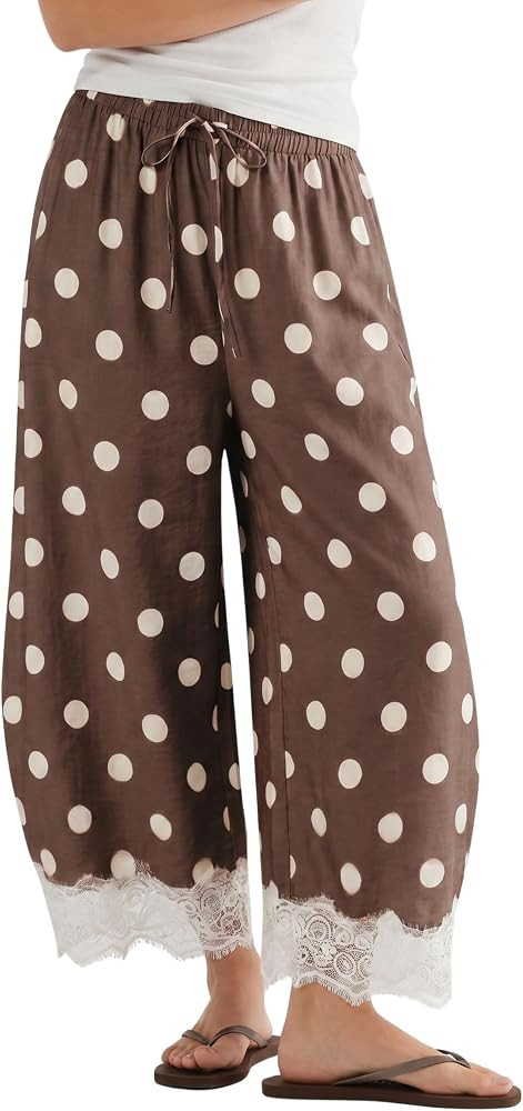 Athlisan Womens Polka Dot Wide Leg Palazzo Pants High Waisted Summer Lace Trim Cropped Baggy Trou... | Amazon (US)