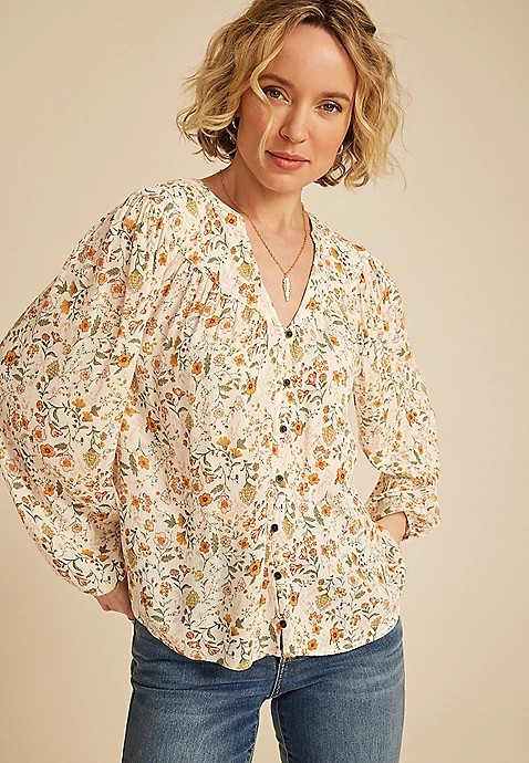 Floral V Neck Button Down Blouse | Maurices