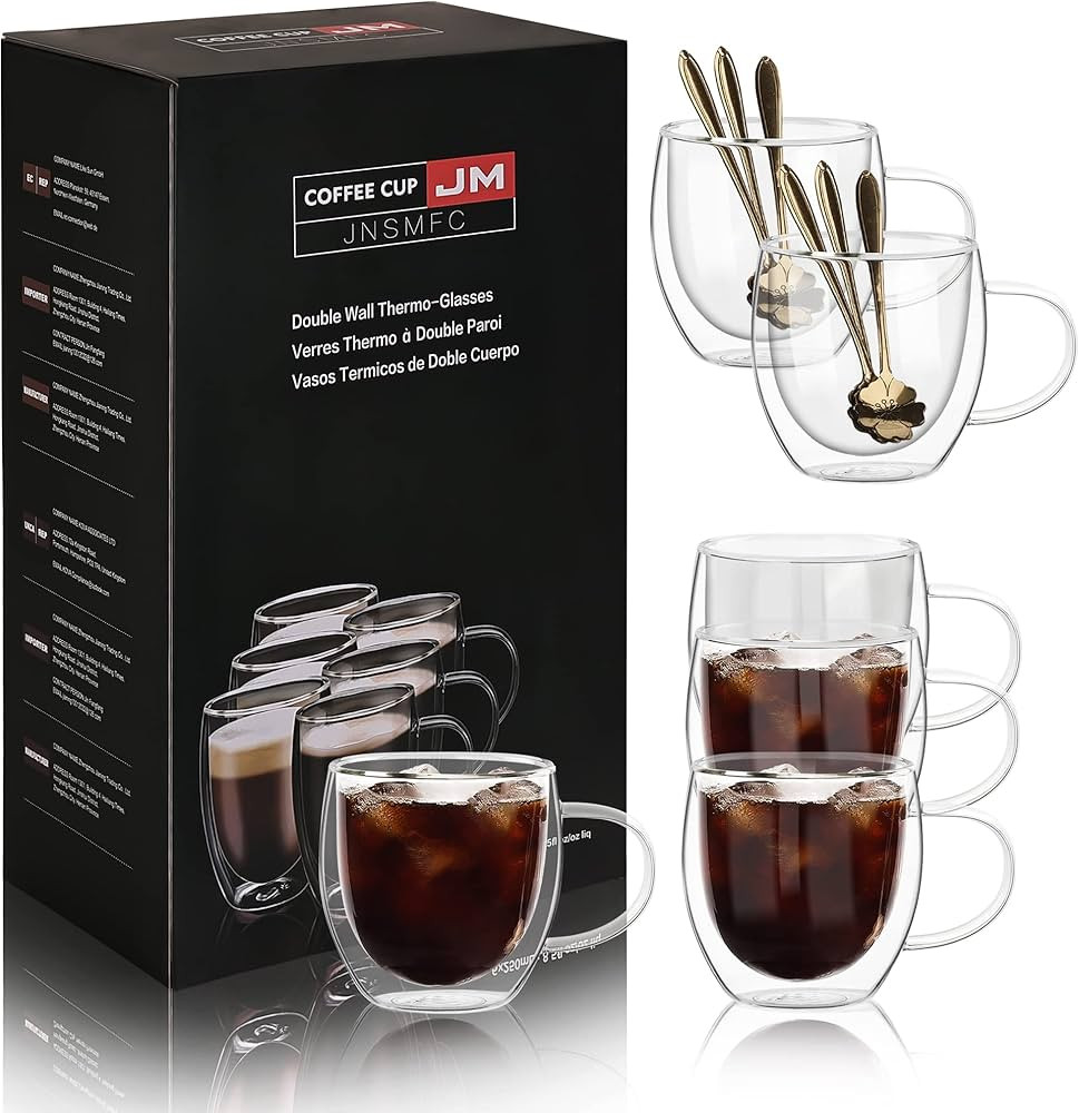 JNSMFC Tazas de café de vidrio de paredes dobles con 6 cucharas,6Pcs 250 ml de tazas de café de... | Amazon (ES)