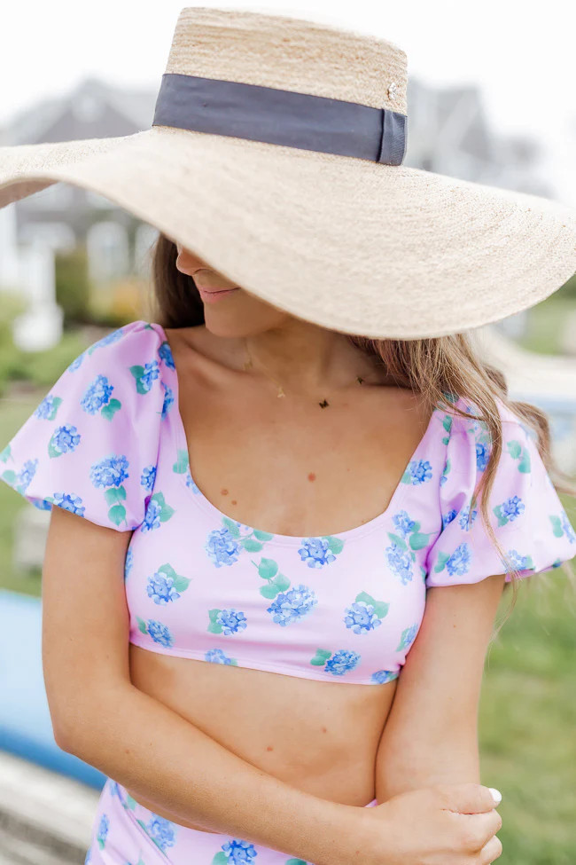 CAITLIN COVINGTON X PINK LILY  Hydrangea Lane Purple Puff Sleeve Bikini Top FINAL SALE | Pink Lily