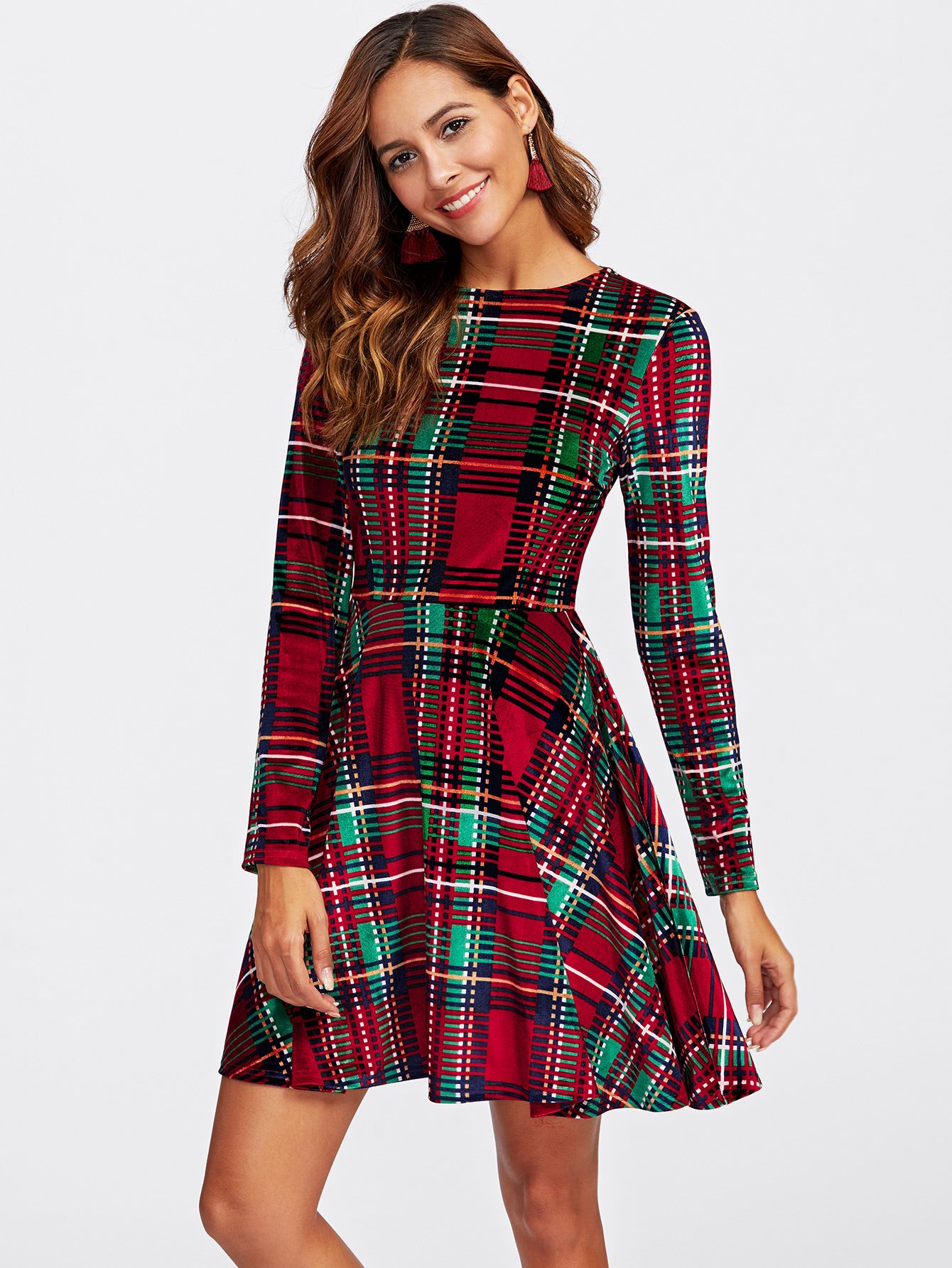 Fitted & Flared Checked Dress | SHEIN