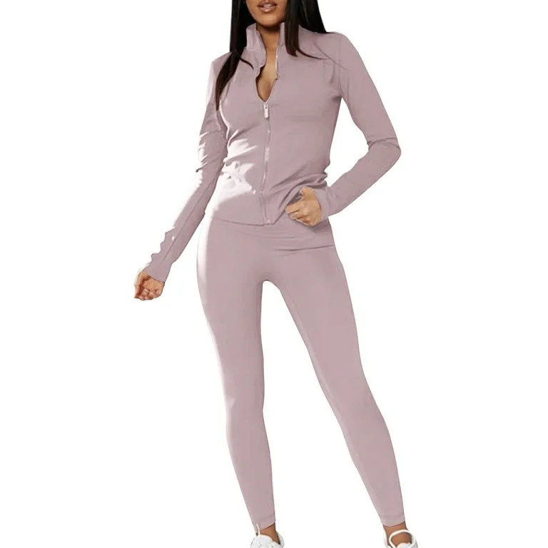 Prolriy Workout Sets for Women 2 Piece Sets for Women Slim Zipper Solid Color High Collor Top and... | Walmart (US)