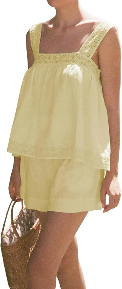 Womens Summer 2 Piece Short Sets Sleeveless Top and High Waist Wide Leg Shorts Cotton Pajamas Set | Amazon (US)