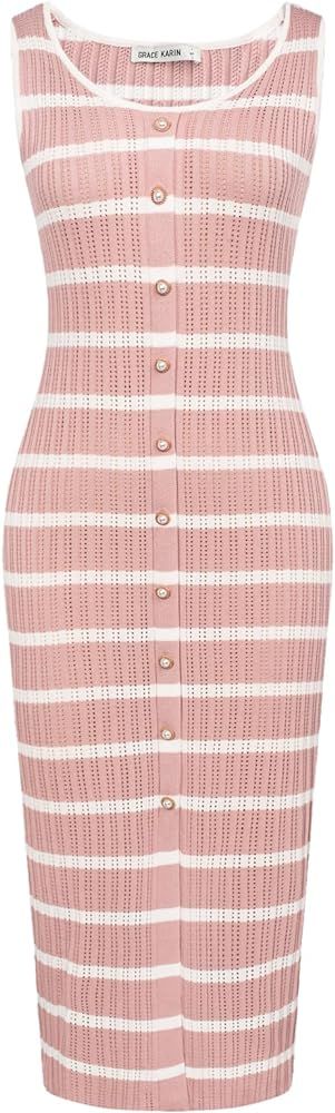 Women's Summer Dress Button Down Striped Dress Sleeveless Crochet Hollow Out Midi Bodycon Party D... | Amazon (US)