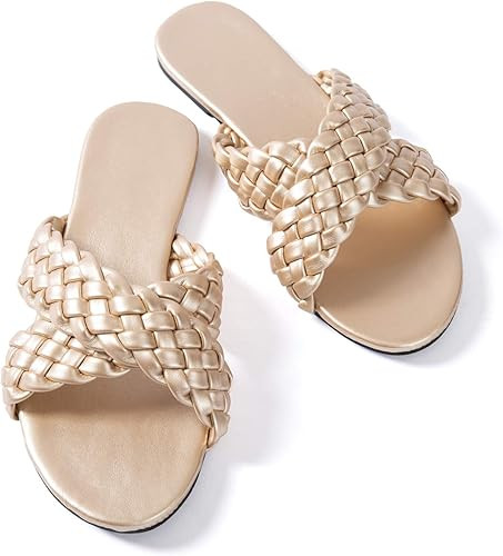 Women Flat Sandals Braided Leather Crossover Nude Dressy Fashion Evening Party Wedding Sandals | Amazon (US)