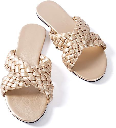 Women Flat Sandals Braided Leather Crossover Nude Dressy Fashion Evening Party Wedding Sandals | Amazon (US)