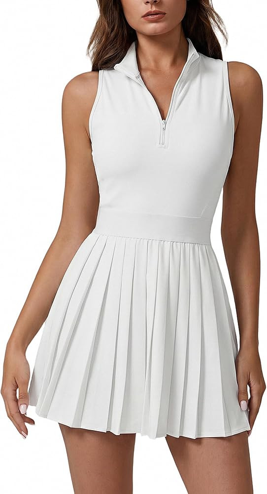 QINSEN Womens Zip Front Tennis Dress High Neck Pleated Sleeveless Two Pieces Golf Athletic Dress ... | Amazon (US)