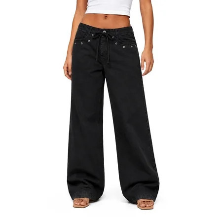 No Boundaries Drawstring Grommet Wide Leg Jeans  30  Inseam  Women s and Women s Plus 1X-4X | Walmart (US)