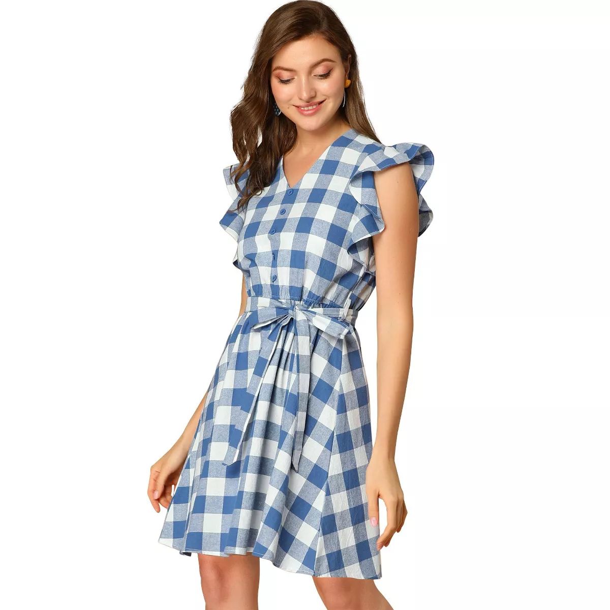 Allegra K Women's Casual Ruffled Sleeve A-Line Vintage Gingham Check Dress | Target