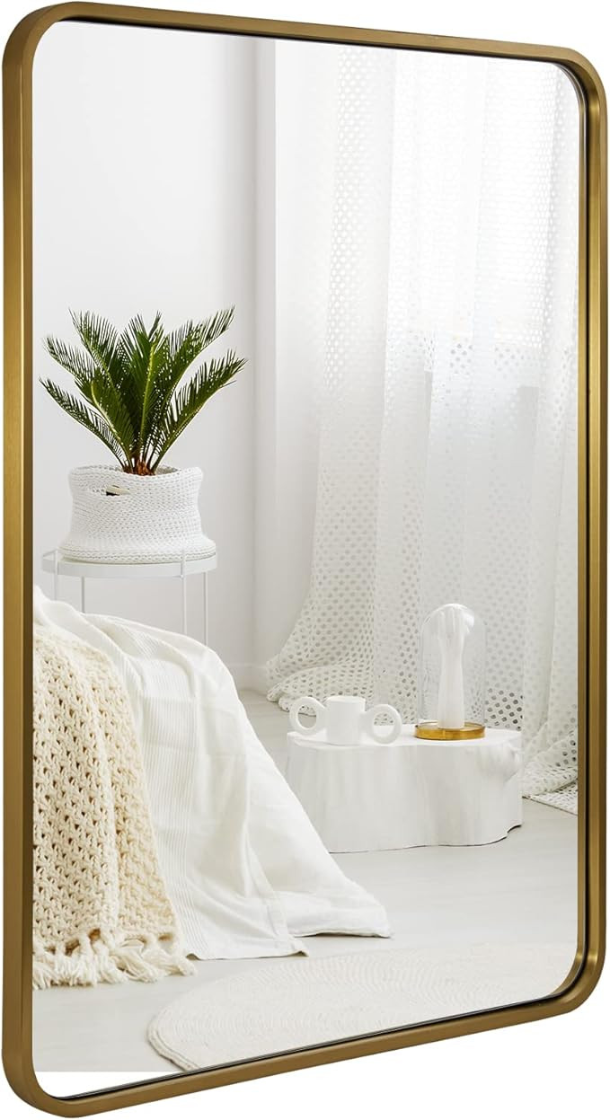 ANDY STAR Brass Mirror Bathroom, 22x30’’ Rounded Rectangle Mirror, Brushed Gold Bathroom Vani... | Amazon (US)