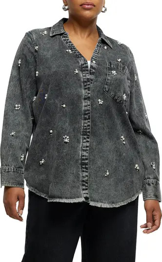 River Island Faux Pearl Embellished Denim Button-Up Shirt | Nordstrom | Nordstrom